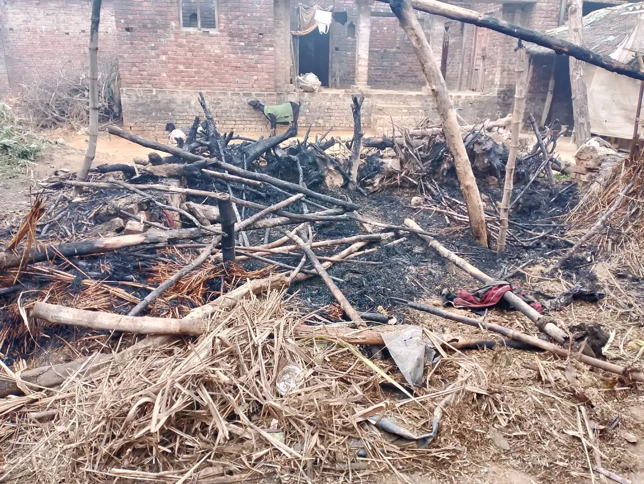 जमीनी विवाद में दबंगों द्वारा पेड़ काट जमीन को कब जाने का प्रयास  शाम को झोपड़ी में लगी आग 