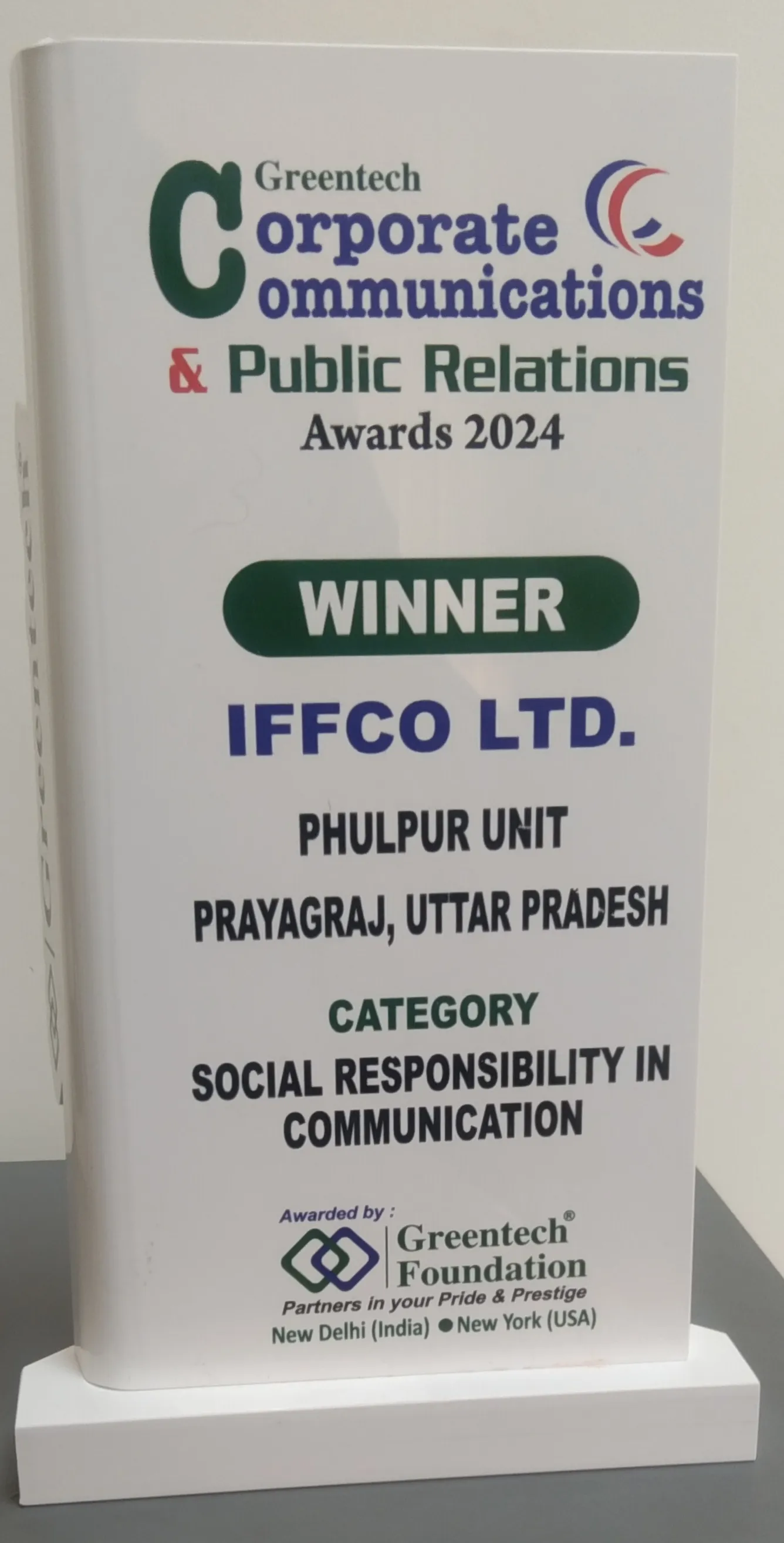 ग्रीनटेक कॉरपोरेट कॉमु्निकेशन एंड पब्लिक रिलेशन अवार्ड 2024 जन संचार में सामाजिक जिम्मेदारी के अंतर्गत उत्कृष्ट प्रदर्शन के लिए दिया गया।
