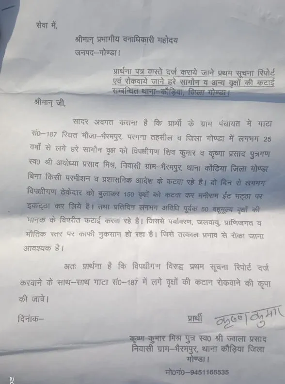 25 वर्षों से लगे हरे 150 सागौन के पेड़ों को कटवा कर ईंट भट्टे पर रखने का आरोप पूर्व प्रधान ने दिया प्रार्थना पत्र 