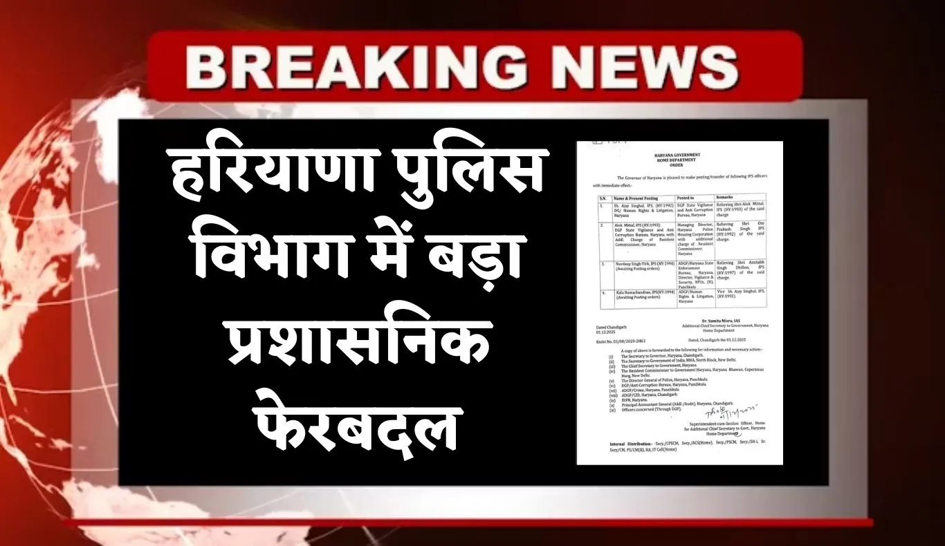 Haryana: हरियाणा पुलिस विभाग में बड़ा प्रशासनिक फेरबदल, कई IPS अधिकारियों की जिम्मेदारियाँ बदलीं