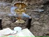 खेत में खोदाई के दौरान मिली पीली धातु की भगवान विष्णु की मूर्ति, ग्रामीणों ने शुरू की पूजा अर्चना
