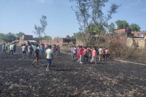 अज्ञात कारणों से लगी आग लगभग 75 बीघा गेहूं जलकर राख